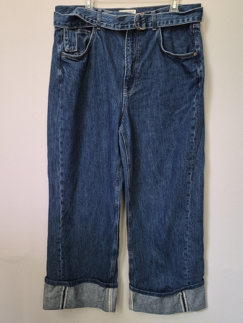 We The Free Jeans Womens 32 High Rise Wide Leg Dark Blue Denim Belted Boho Chic